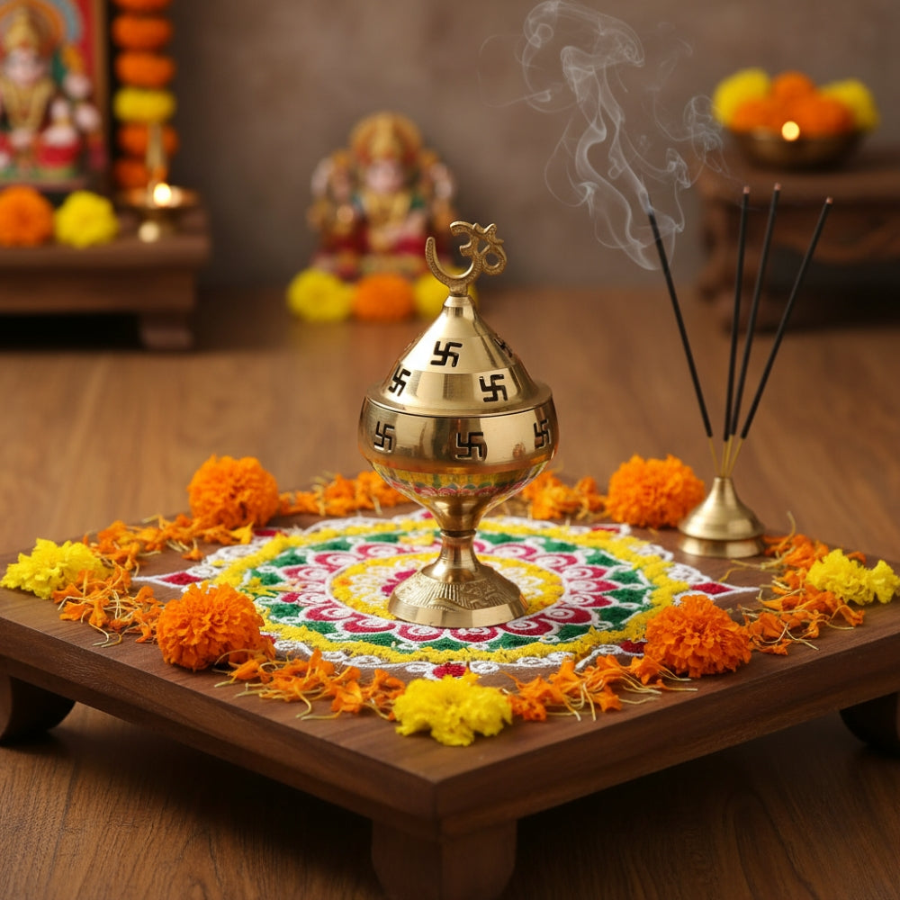 Om & Swastik Brass Diya for Pooja | Akhand Deepak for Diwali, Navratri & Temple | Decorative Brass Oil Lamp for Mandir, Home Decor & Festive Lighting | Traditional Indian Puja Diya
