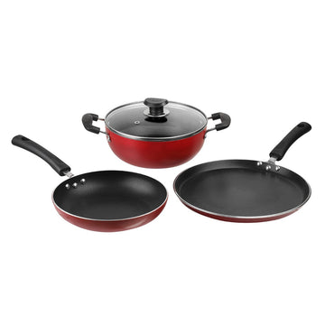 3 Pc Non Stick Cookware Set – Fry Pan, Tawa & Kadhai with Lid, Induction Friendly