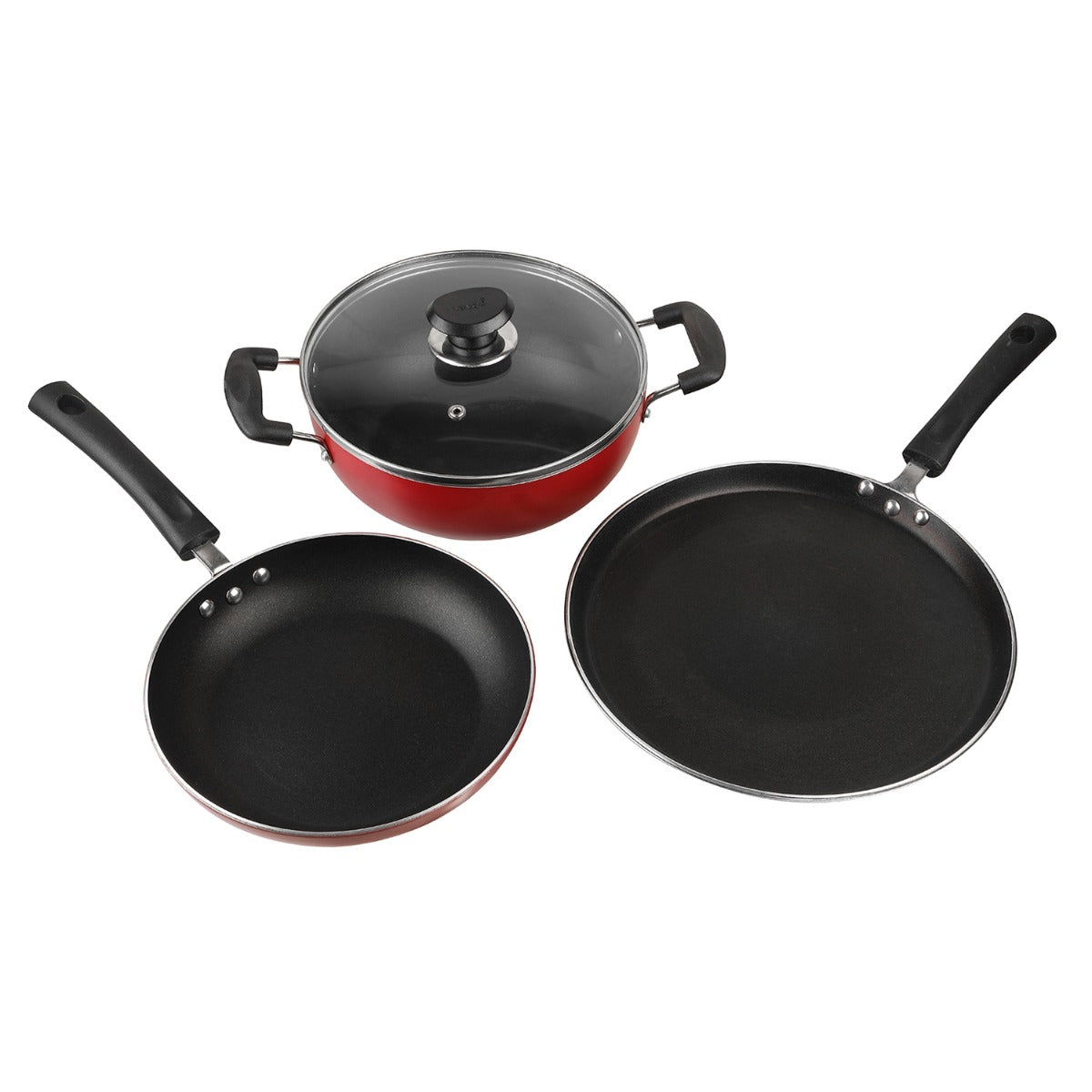 3 Pc Non Stick Cookware Set – Fry Pan, Tawa & Kadhai with Lid, Induction Friendly