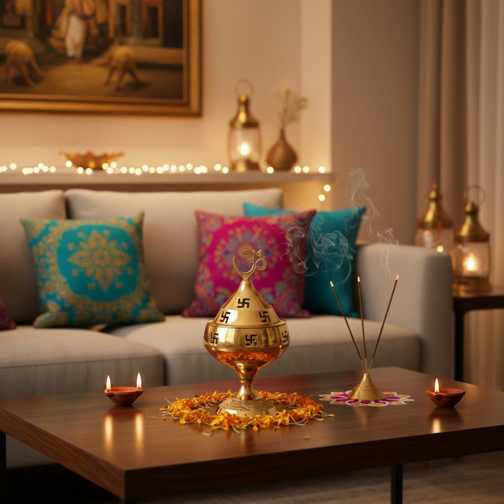 Om & Swastik Brass Diya for Pooja | Akhand Deepak for Diwali, Navratri & Temple | Decorative Brass Oil Lamp for Mandir, Home Decor & Festive Lighting | Traditional Indian Puja Diya