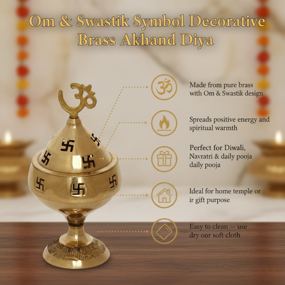 Om & Swastik Brass Diya for Pooja | Akhand Deepak for Diwali, Navratri & Temple | Decorative Brass Oil Lamp for Mandir, Home Decor & Festive Lighting | Traditional Indian Puja Diya