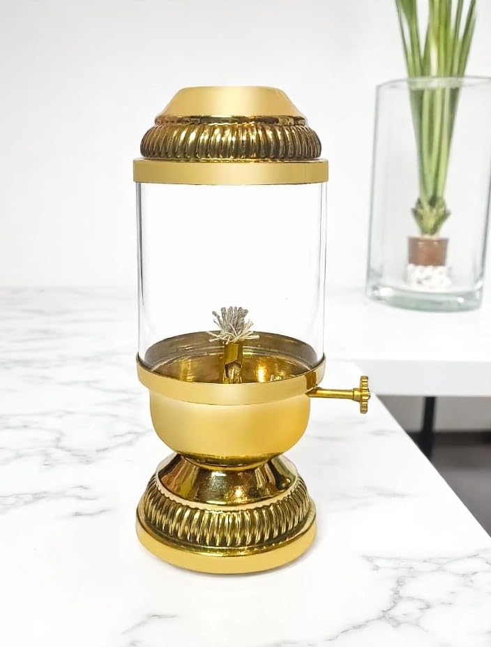 Brass Akhand Diya Lamp with Bati Adjuster & Borosilicate Glass – Ideal for Puja, Meditation & Festivals