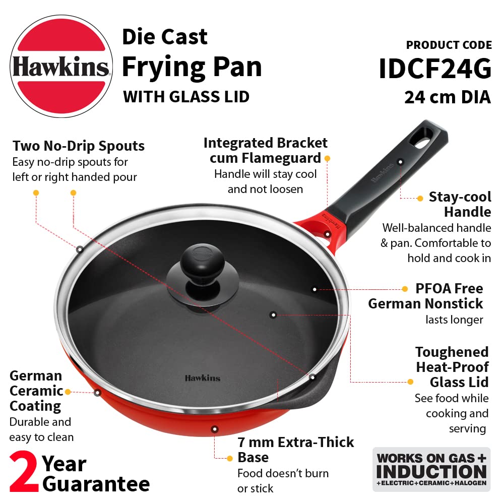 Hawkins Die Cast Non Stick Fry Pan with Glass Lid – Induction & Ceramic Coated, Red