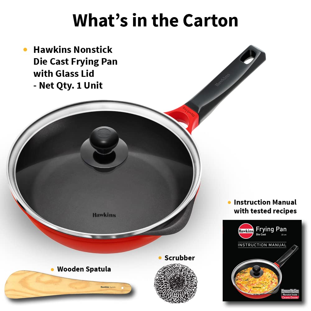 Hawkins Die Cast Non Stick Fry Pan with Glass Lid – Induction & Ceramic Coated, Red