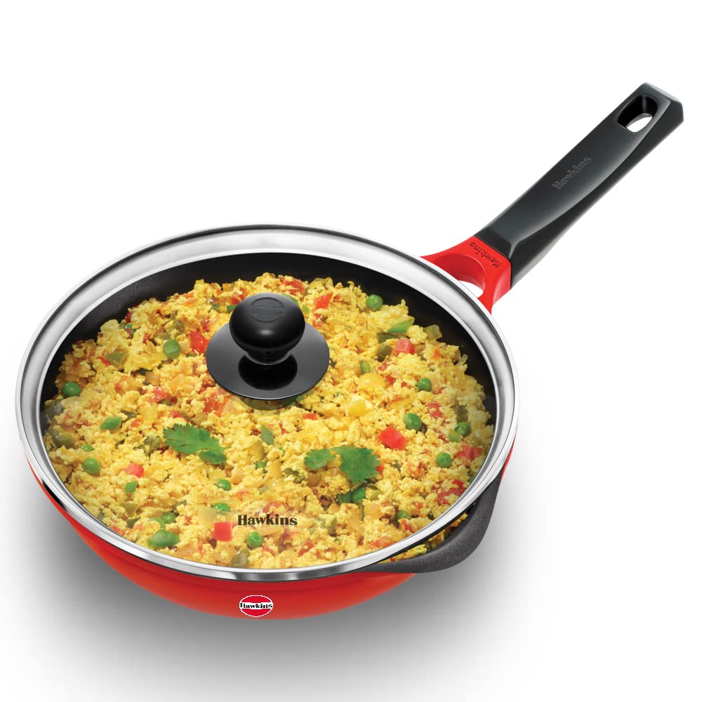 Hawkins Die Cast Non Stick Fry Pan with Glass Lid – Induction & Ceramic Coated, Red