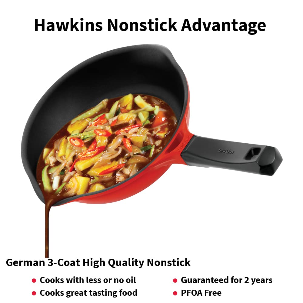 Hawkins Die Cast Non Stick Fry Pan with Glass Lid – Induction & Ceramic Coated, Red