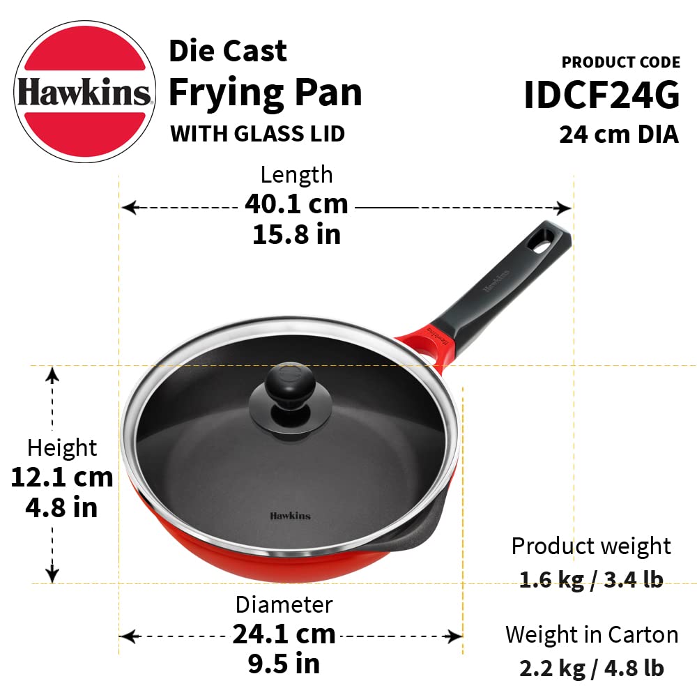 Hawkins Die Cast Non Stick Fry Pan with Glass Lid – Induction & Ceramic Coated, Red