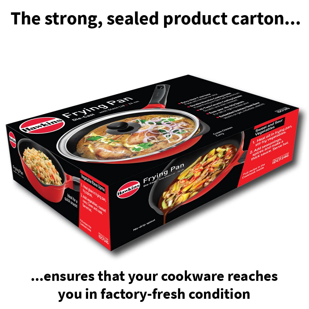 Hawkins Die Cast Non Stick Fry Pan with Glass Lid – Induction & Ceramic Coated, Red