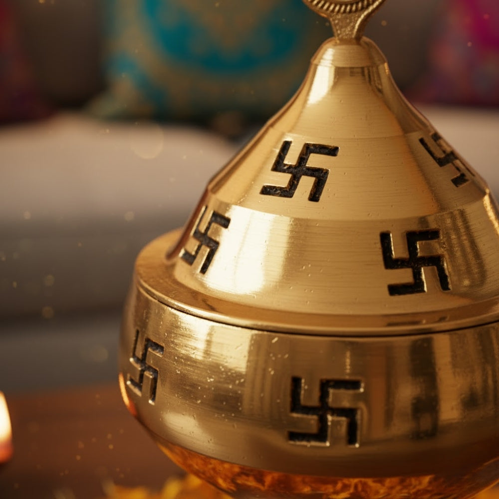 Om & Swastik Brass Diya for Pooja | Akhand Deepak for Diwali, Navratri & Temple | Decorative Brass Oil Lamp for Mandir, Home Decor & Festive Lighting | Traditional Indian Puja Diya