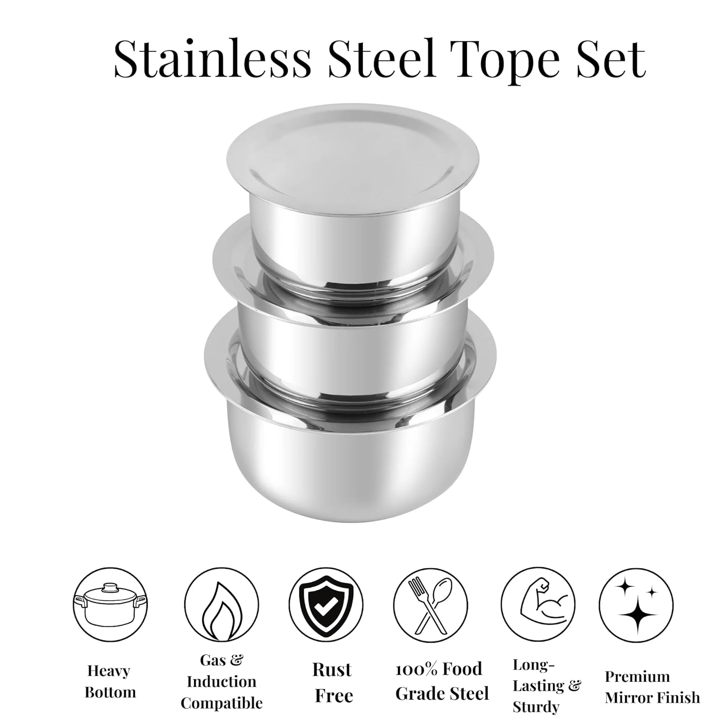 Patila Stainless Steel Tope Set with Lids – 3 Pc Heavy Bottom Cookware | Induction & Gas Compatible