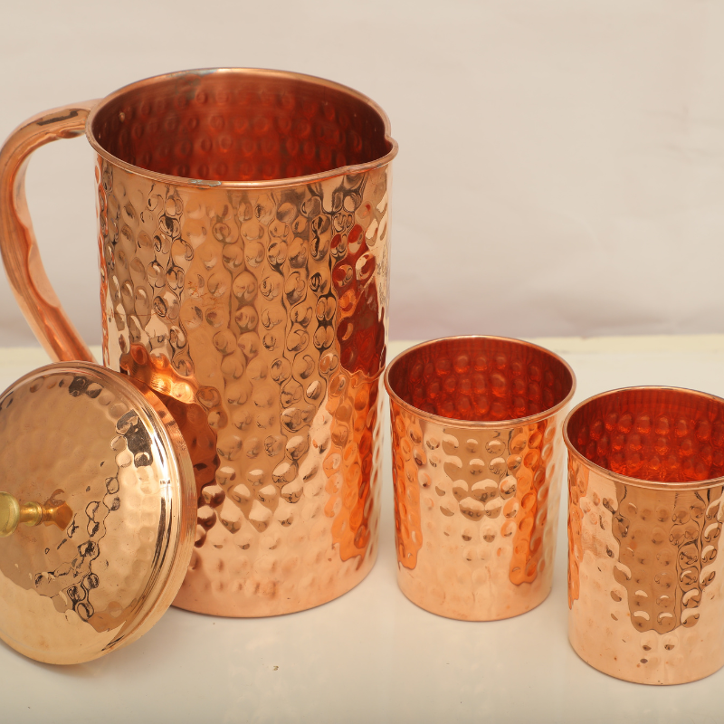 Handcrafted Hammered Copper Jug with Lid & 2 Copper Glasses | Health-Friendly Water Set