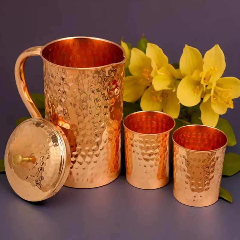 Handcrafted Hammered Copper Jug with Lid & 2 Copper Glasses | Health-Friendly Water Set