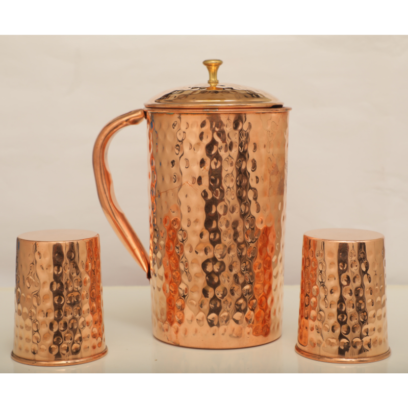 Handcrafted Hammered Copper Jug with Lid & 2 Copper Glasses | Health-Friendly Water Set