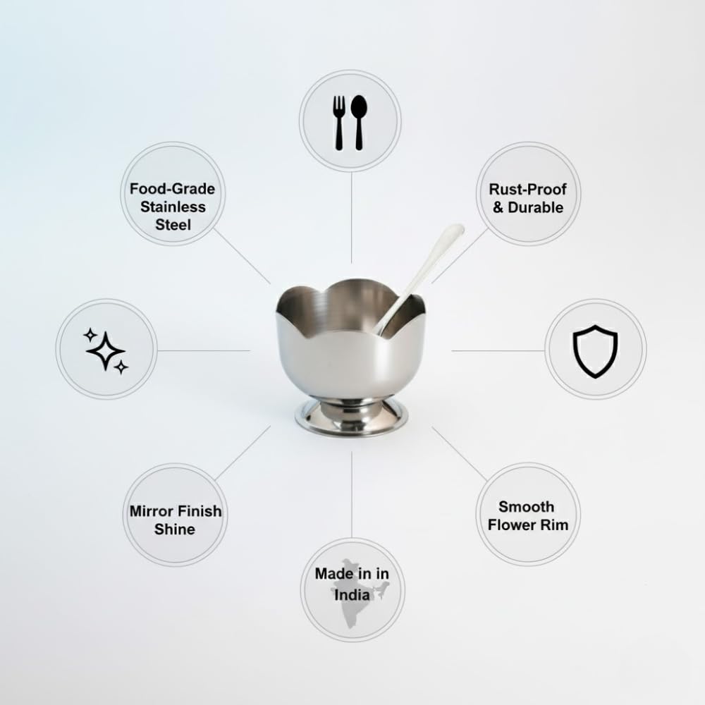 Patila Stainless Steel Ice Cream Bowl Set with Spoons – Premium Dessert & Serving Cups