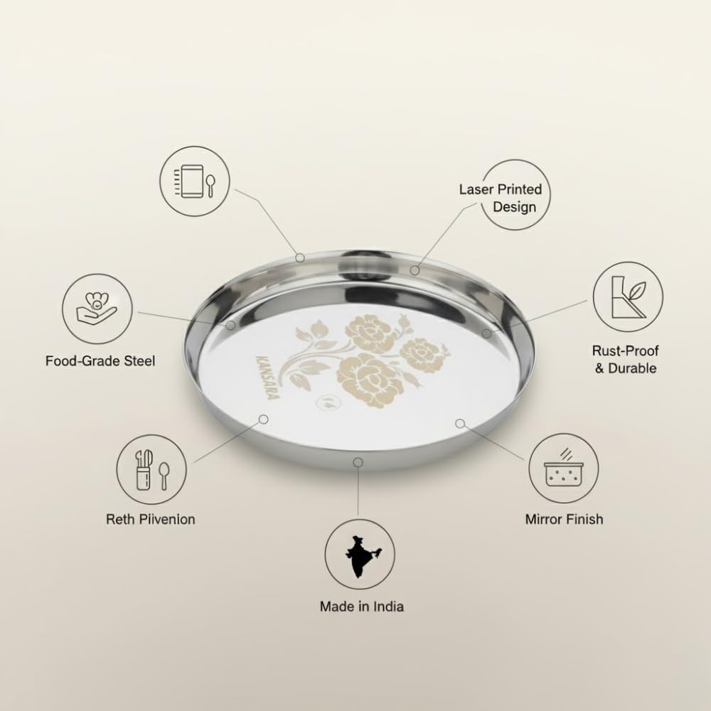 Laser Engraved Stainless Steel Thali Set of 6