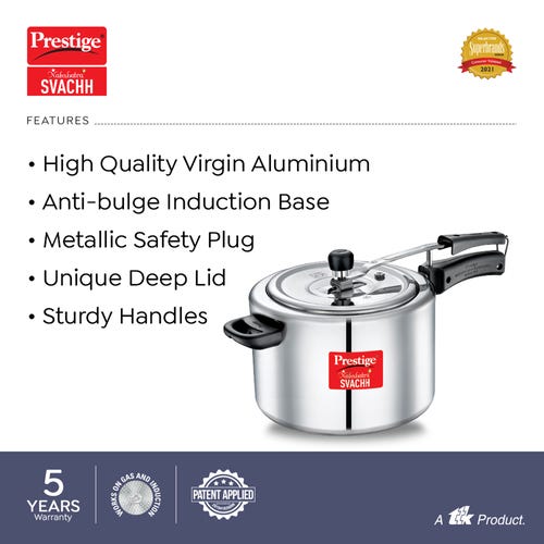 Prestige Nakshatra Plus Svachh Aluminium Inner Lid Pressure Cooker | Deep Lid for Spillage Control | Durable & Easy to Clean