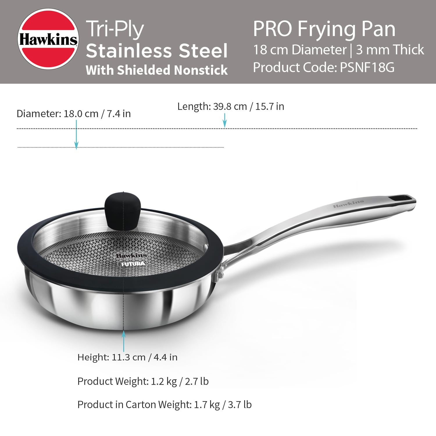 Hawkins Triply Fry Pan 18cm Nonstick with Glass Lid