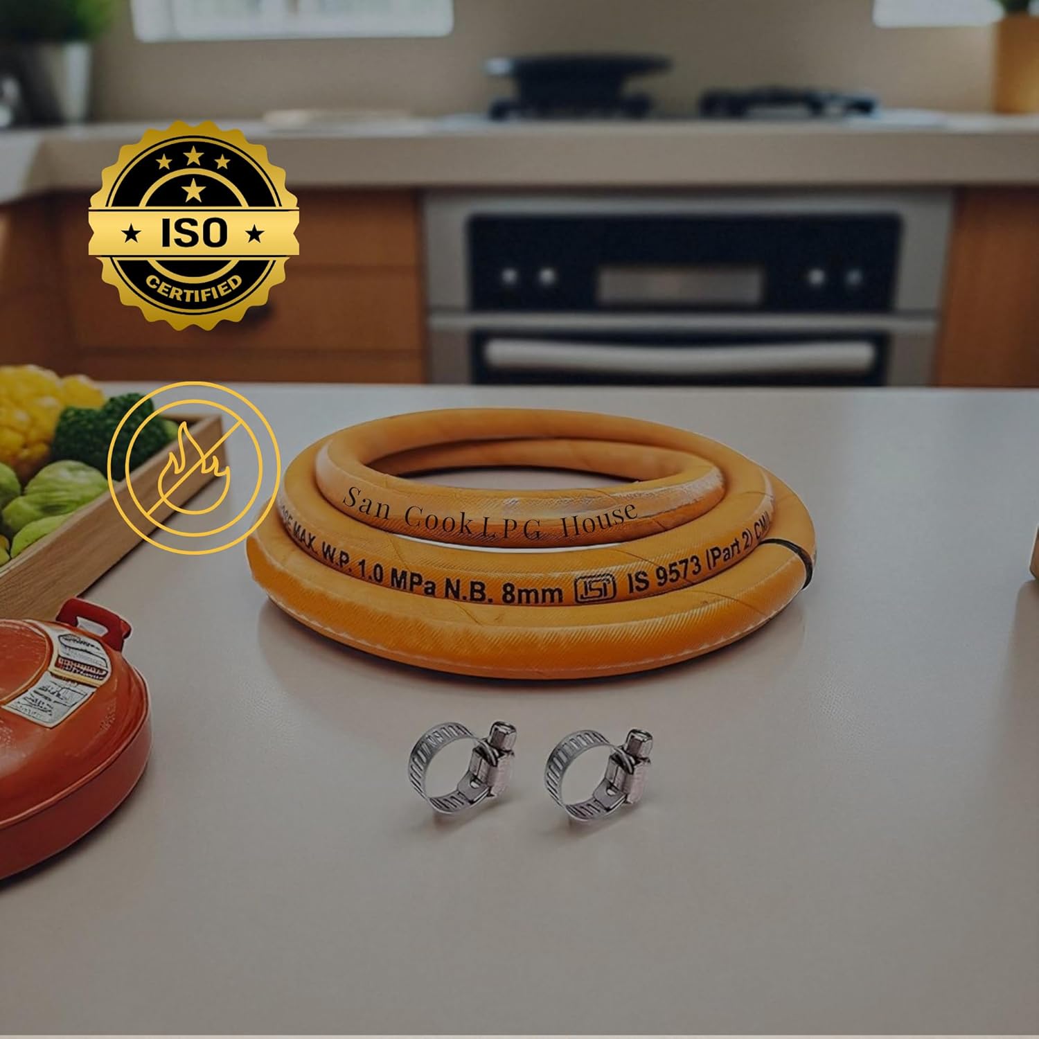 ISI Certified LPG Gas Hose Pipe – 1.5 Meter Heavy Duty Rubber with Steel Wire Reinforcement