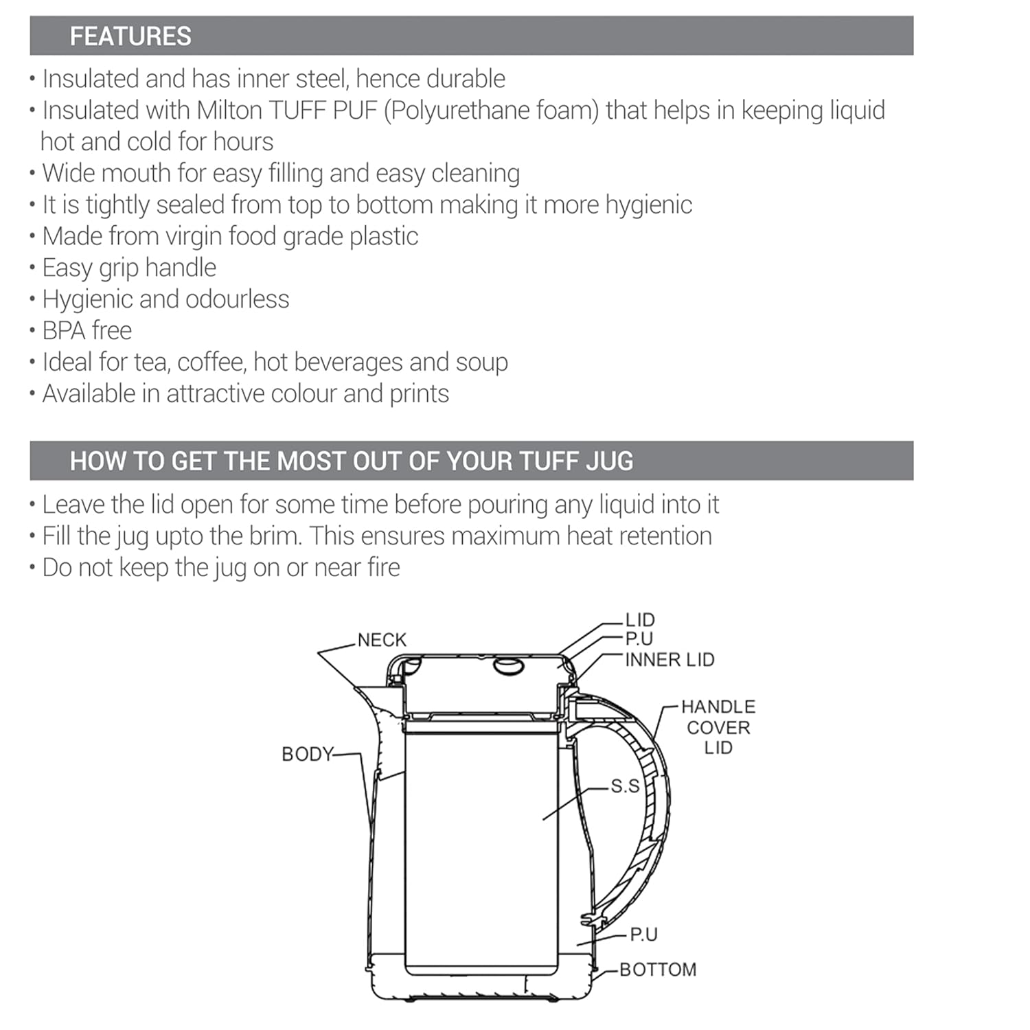 Milton Viva Tuff 1000 Water Jug – 1 Litre, Inner Stainless Steel