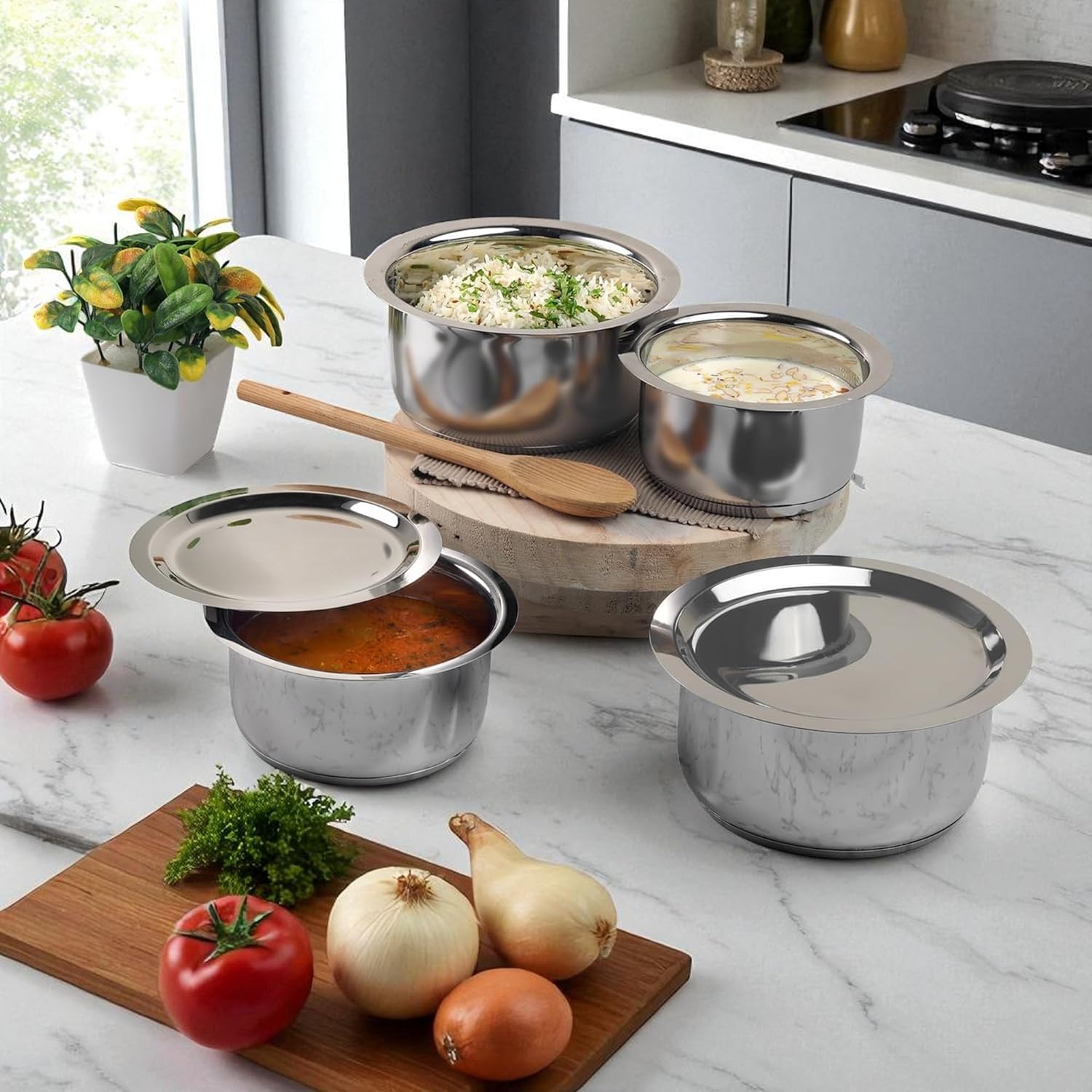 Patila Stainless Steel Tope Set with Lids – 3 Pc Heavy Bottom Cookware | Induction & Gas Compatible