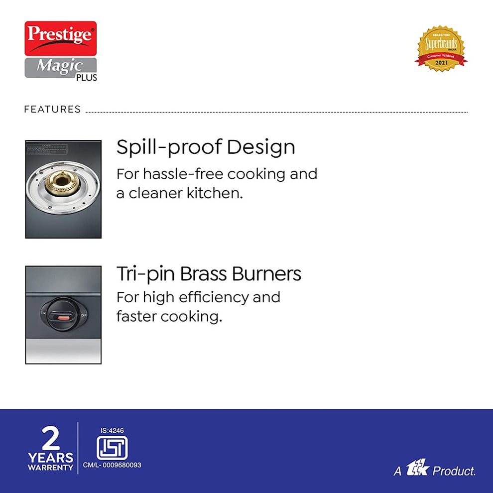 Prestige Magic Plus 3 Burner Gas Stove | Toughened Glass Top, Powder Coated Body, LPG Compatible – Black"