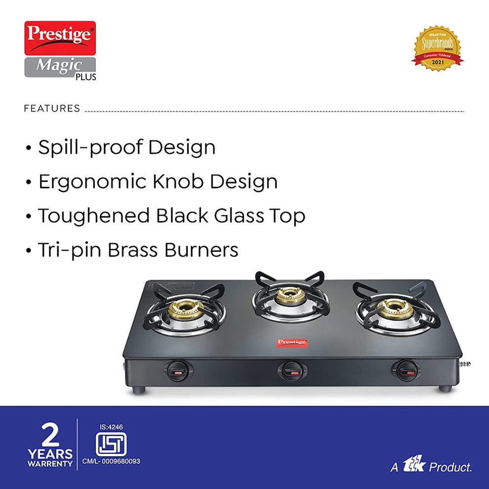 Prestige Magic Plus 3 Burner Gas Stove | Toughened Glass Top, Powder Coated Body, LPG Compatible – Black"