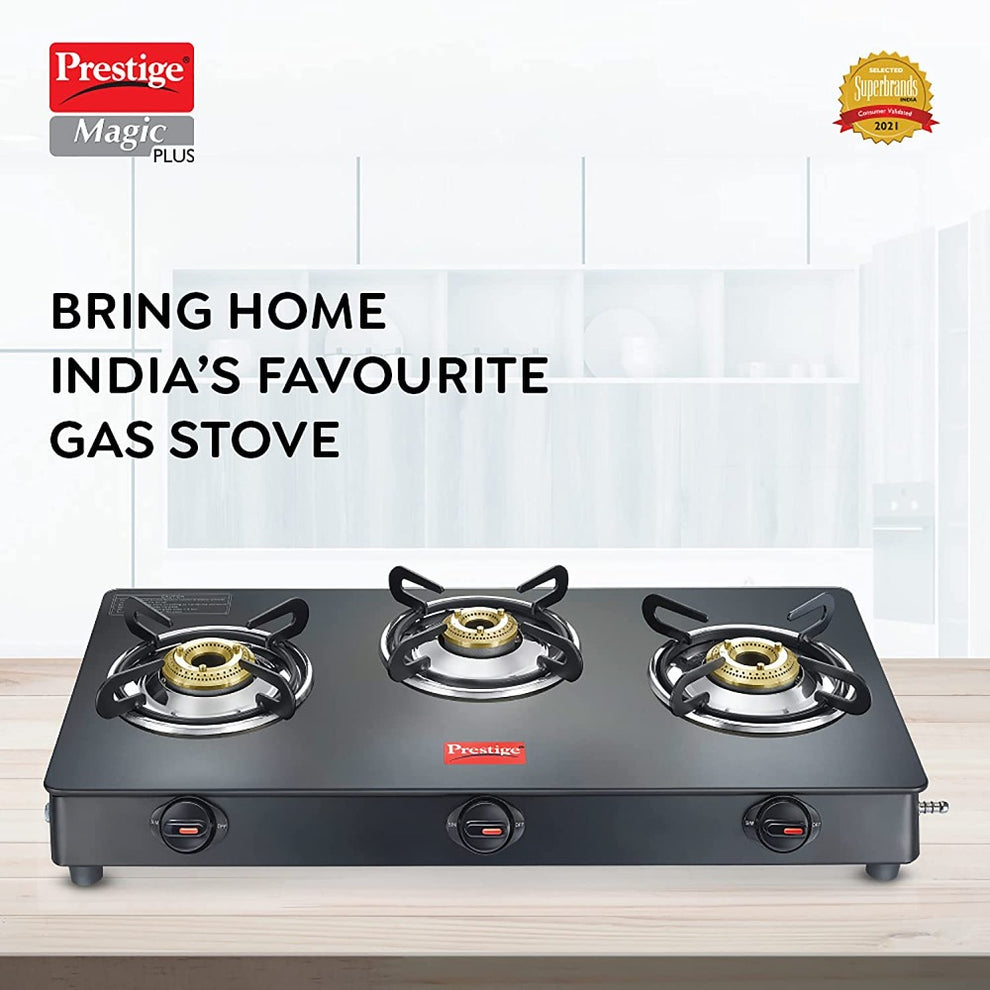 Prestige Magic Plus 3 Burner Gas Stove | Toughened Glass Top, Powder Coated Body, LPG Compatible – Black"