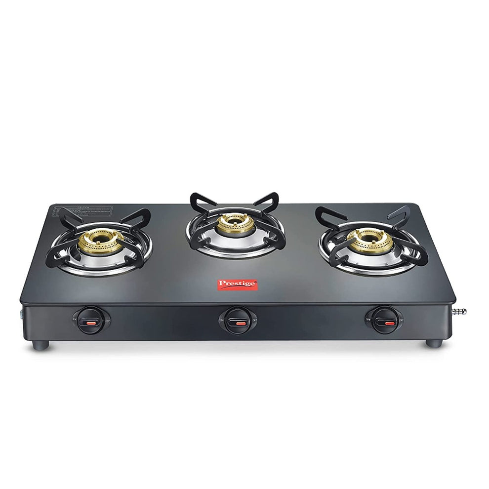 Prestige Magic Plus 3 Burner Gas Stove | Toughened Glass Top, Powder Coated Body, LPG Compatible – Black"
